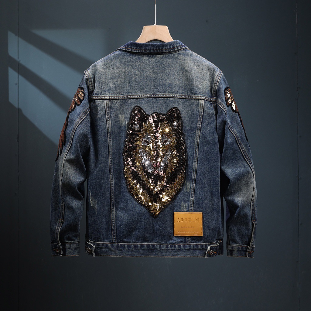 高端亮片刺绣牛仔外套男