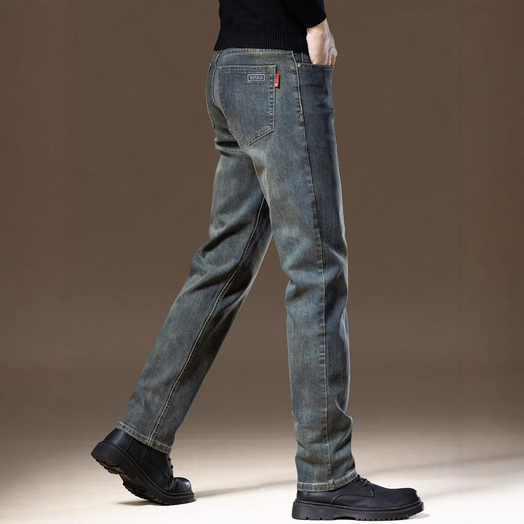 高端加绒复古男士牛仔裤