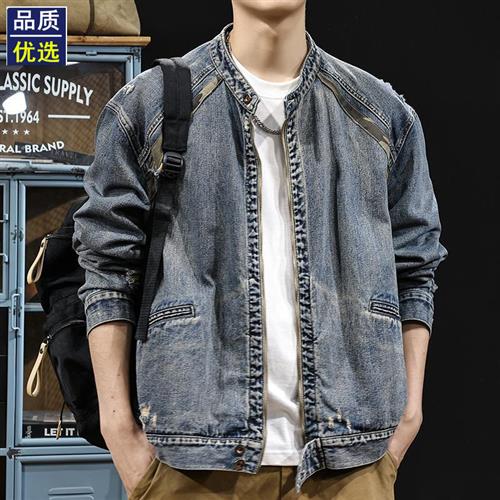 美式机车拉链牛仔夹克男春秋款2024新款复古棒球服潮牌飞行员外套