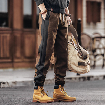 美式复古潮牌拼接工装裤子男款秋季宽松运动束脚男士休闲裤