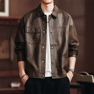新款 潮流休闲皮衣外套男秋季 复古痞帅夹克男 户外机车时尚 高端美式