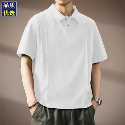 高端设计感褶皱拼接翻领Polo衫男夏季新款简约纯棉宽松百搭T恤衫