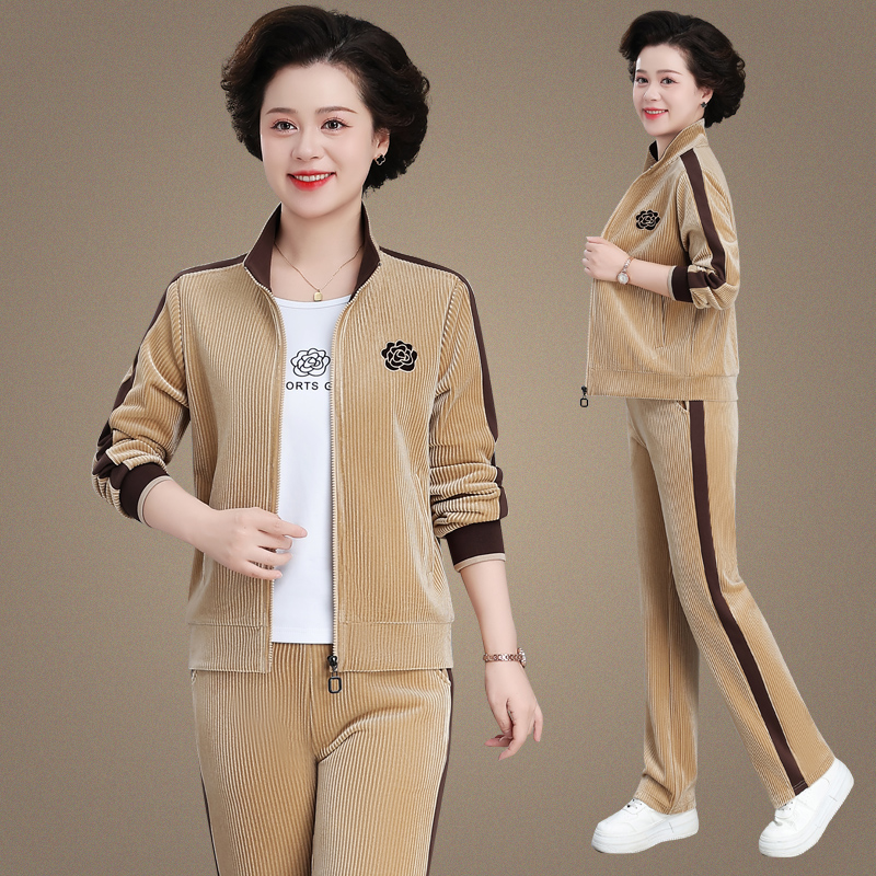 妈妈秋装金丝绒运动服套装2025新款洋气中老年女春秋季休闲三件套