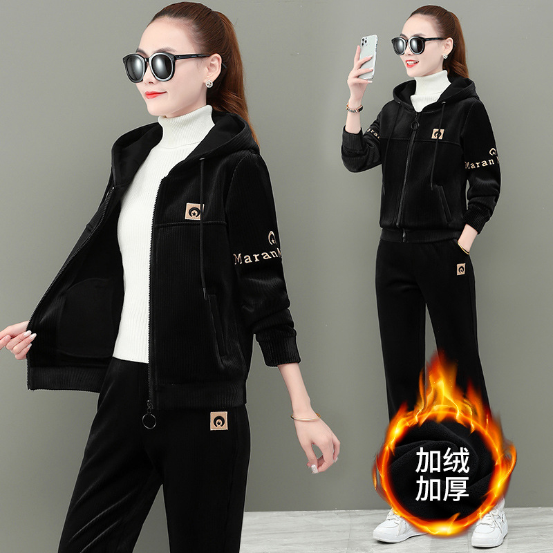 加绒加厚金丝条纹灯芯绒运动服套装女秋冬时尚宽松休闲卫衣三件套
