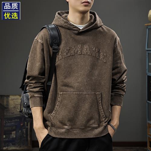 春季复古水洗贴布连帽男士卫衣重磅纯棉宽松上衣美式潮牌休闲外套
