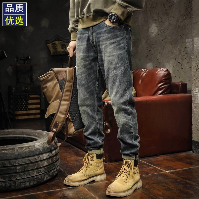 美式hiphop男士牛仔裤秋季潮牌石磨水洗简约弹力宽松直筒长裤子男