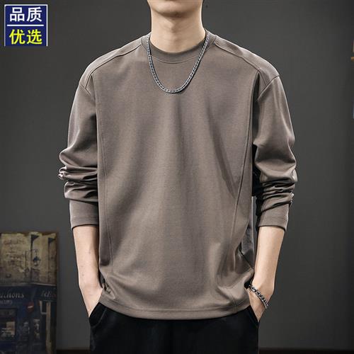 秋季新款休闲纯色圆领长袖T恤男卫衣美式潮流宽松简约内搭打底衫