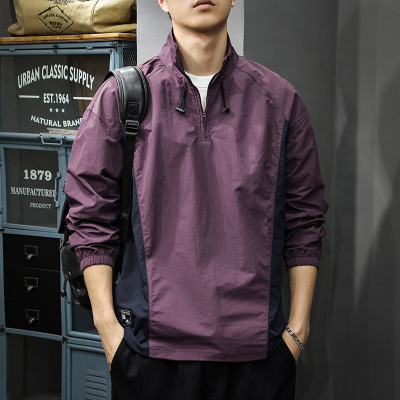 美式拼接半拉链立领衬衫男外套