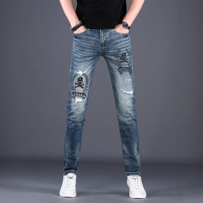 高档牛仔男裤修身弹力烫钻款