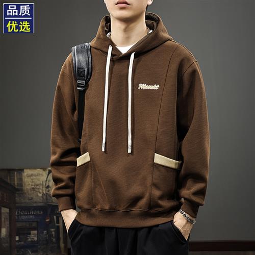 美式休闲拼色口袋长袖男士卫衣春季新款简约刺绣宽松重磅连帽外套