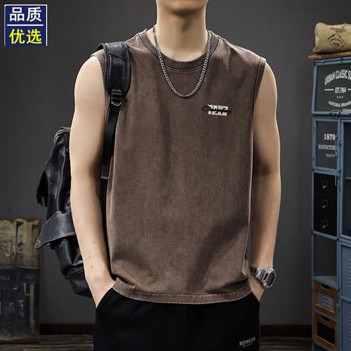 美式潮牌水洗做旧无袖背心男夏季新款港风潮流宽松休闲坎肩上衣潮