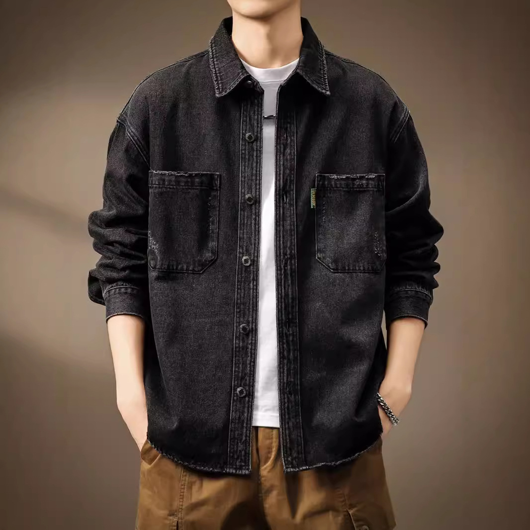 美式复古炒砂牛仔工装衬衫男