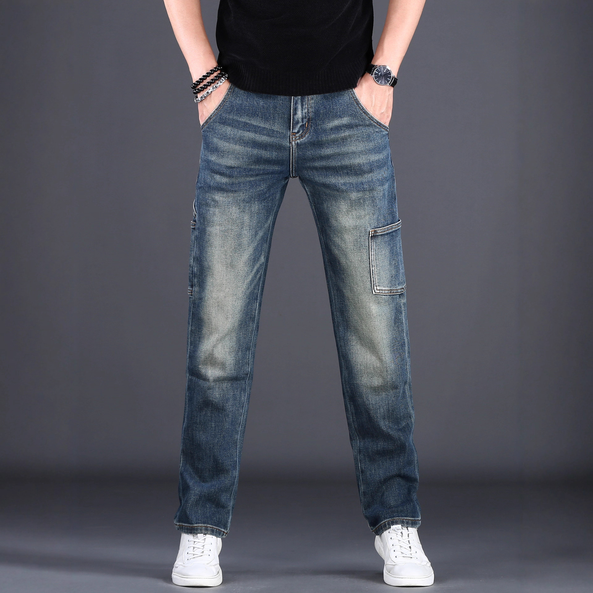 复古蓝宽松直筒男工装裤