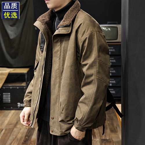 美式复古羊羔绒外套男2025冬季新款加绒加厚工装夹克男士保暖棉服