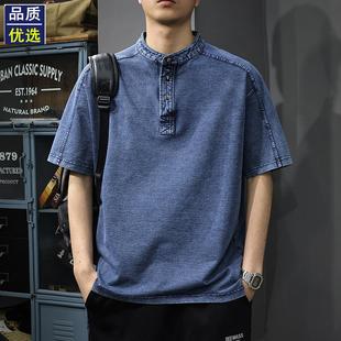 t恤 260g重磅毛圈针织复古牛仔polo衫 男夏季 2025新款 宽松立领短袖