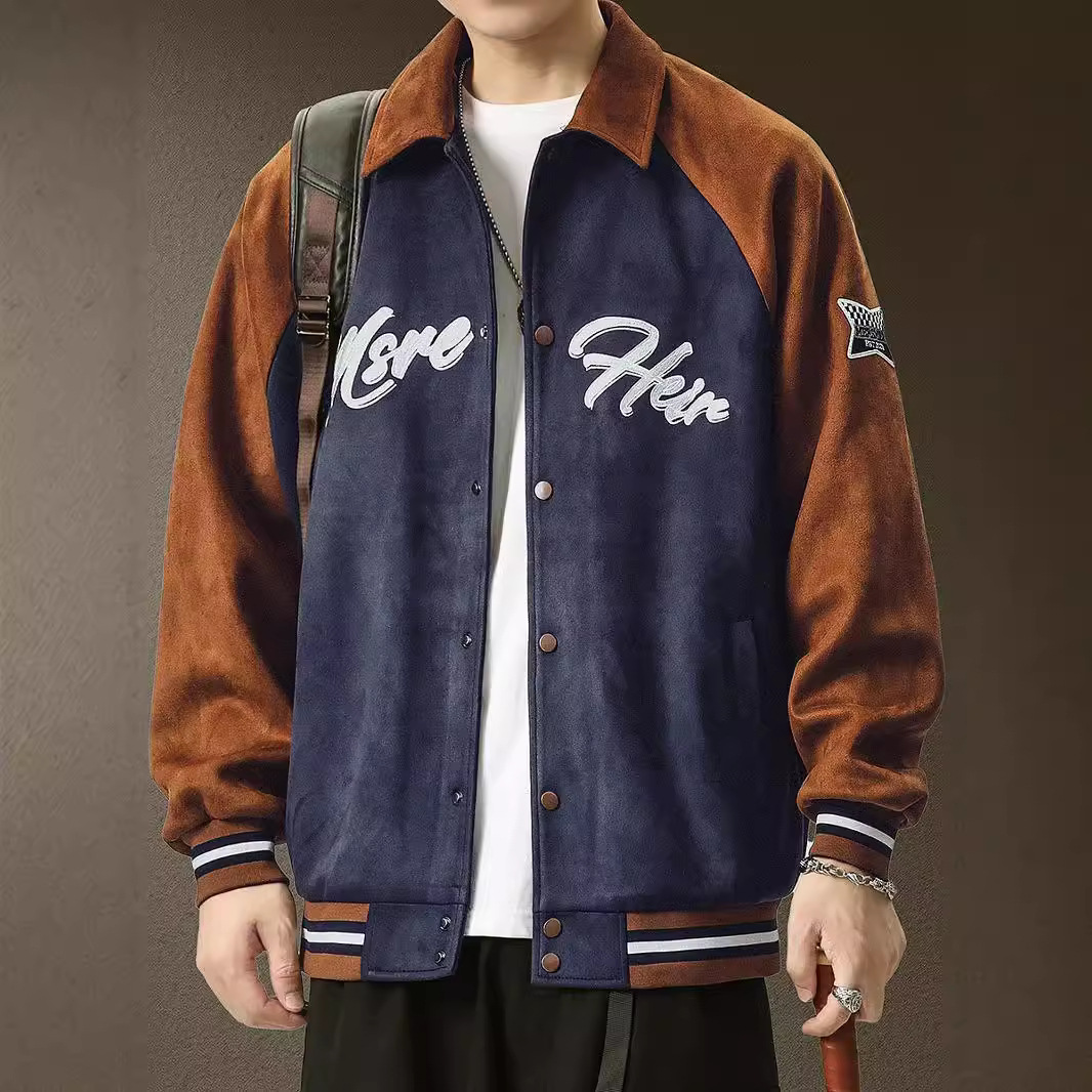 美式撞色麂皮棒球服男外套