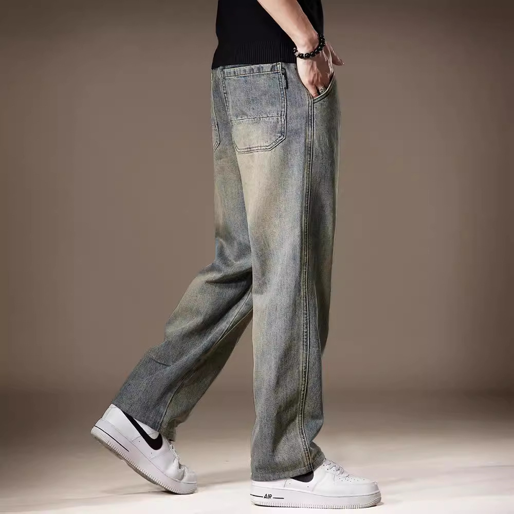 高街美式黄泥染阔腿牛仔裤