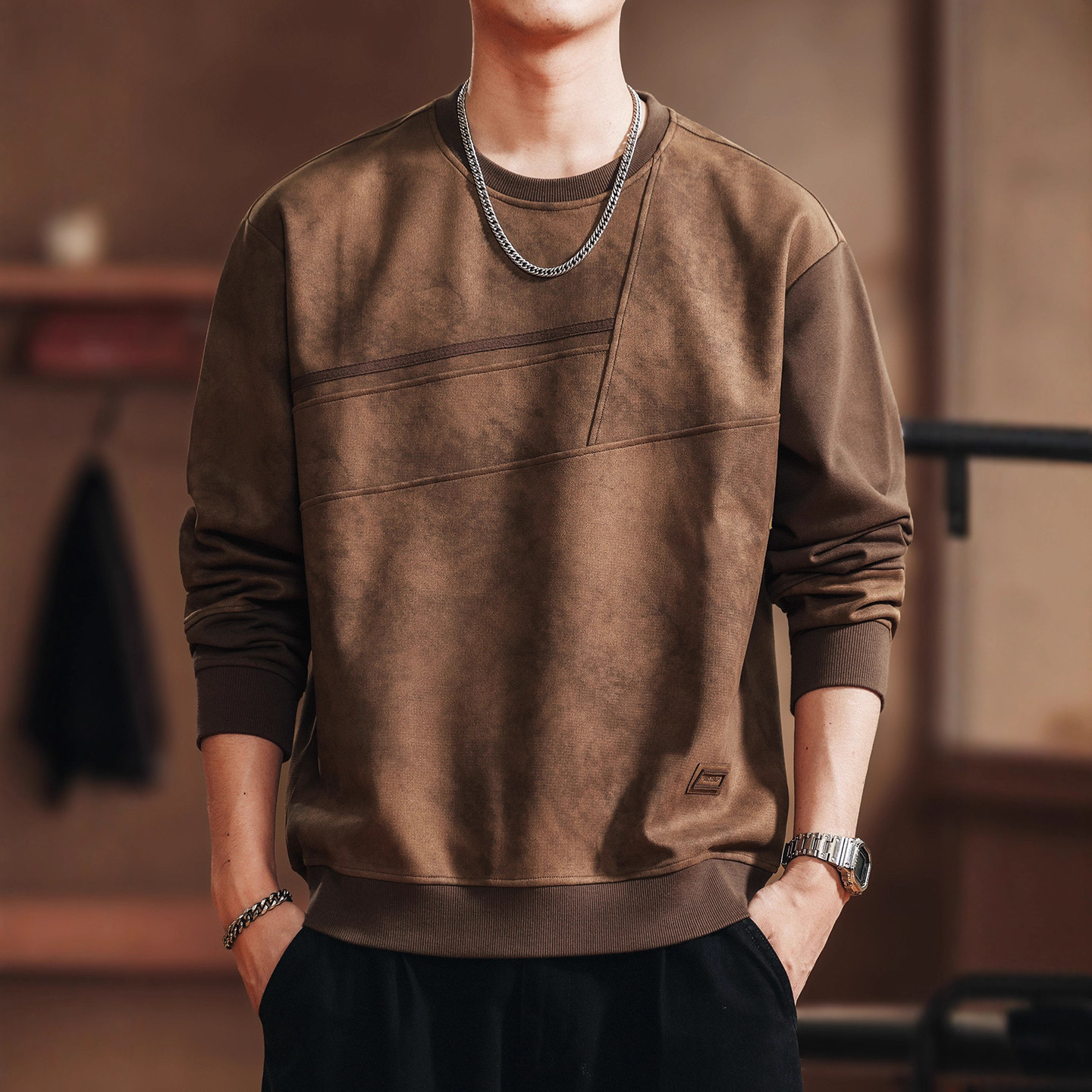 美式复古小众设计拼接男士卫衣2025秋季新款长袖圆领上衣男