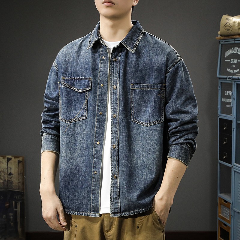 潮牌工装牛仔衬衫男春新款