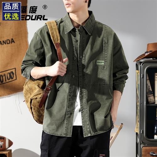 军事风复古工装衬衫男长袖宽松硬猎装春秋教练夹克外套