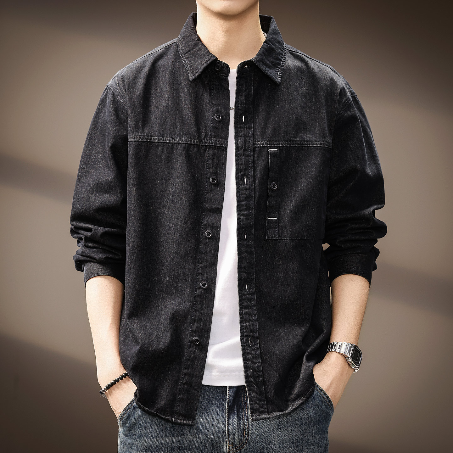 美式复古水洗工装牛仔衬衫男