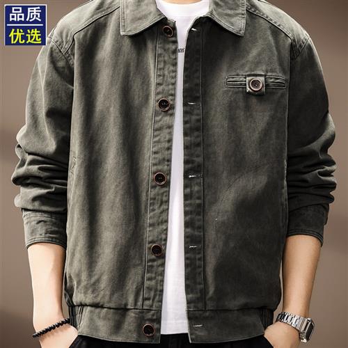 高端美式纯棉猎装翻领夹克外套男士秋季新款潮流复古工装休闲上衣