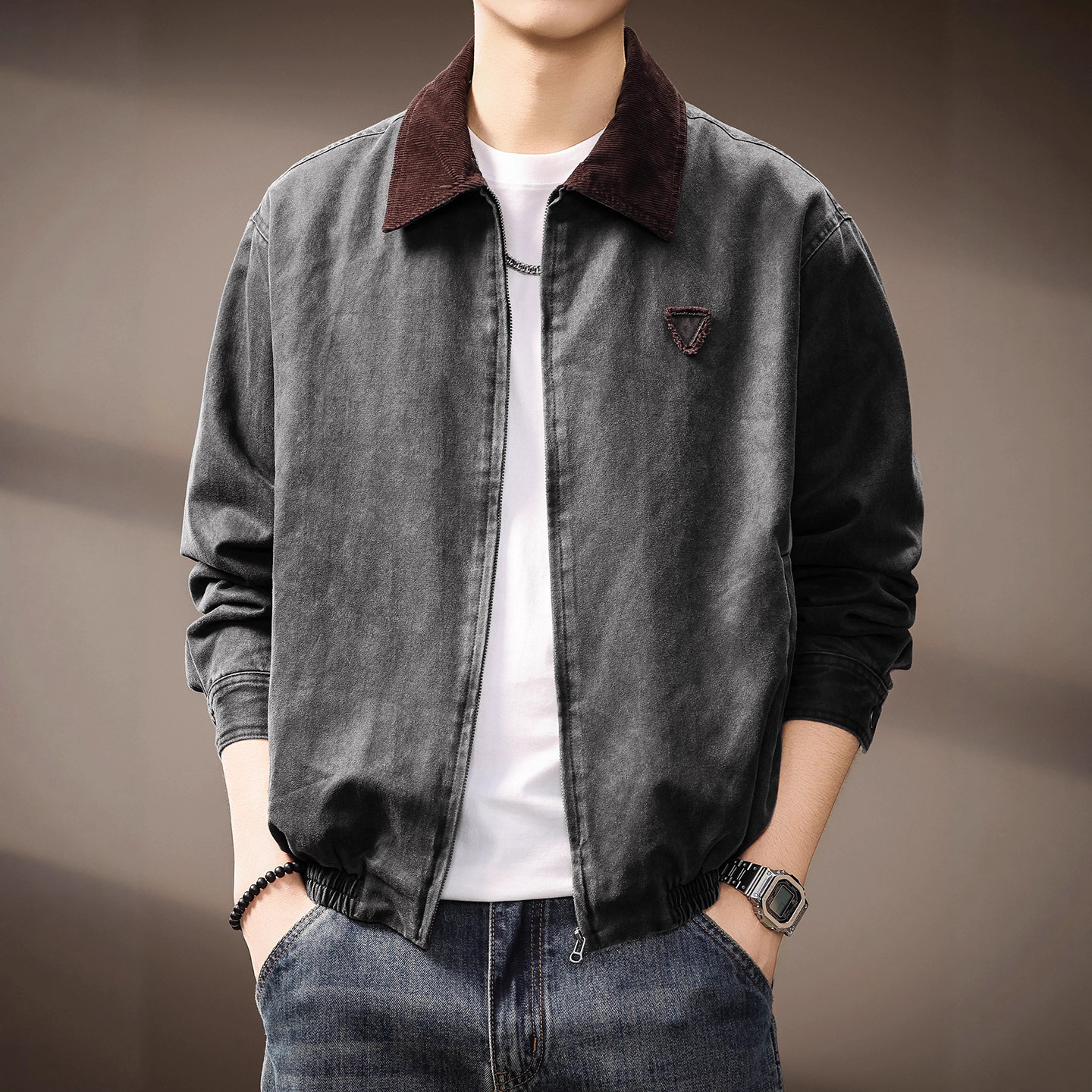 高端复古油蜡皮工装夹克男