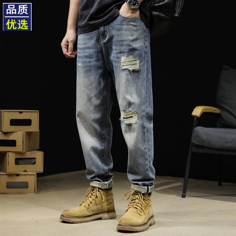 破洞牛仔裤男2025新款春季锥形直筒弹力裤子宽松大码春秋男士潮牌