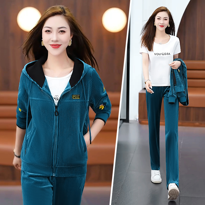 金丝绒休闲运动套装2025春秋季新款长袖运动服套装时尚洋气减龄装
