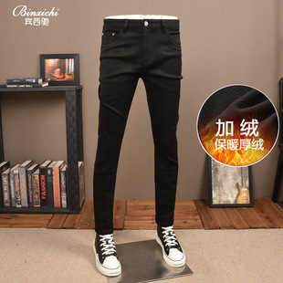 秋冬款黑色加绒牛仔裤男潮牌高端修身小脚弹力休闲加厚绒裤子男款