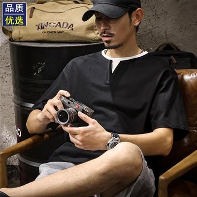 美式亨利领t恤男夏季薄款假两件宽松大码痞帅潮2025新款男士短袖