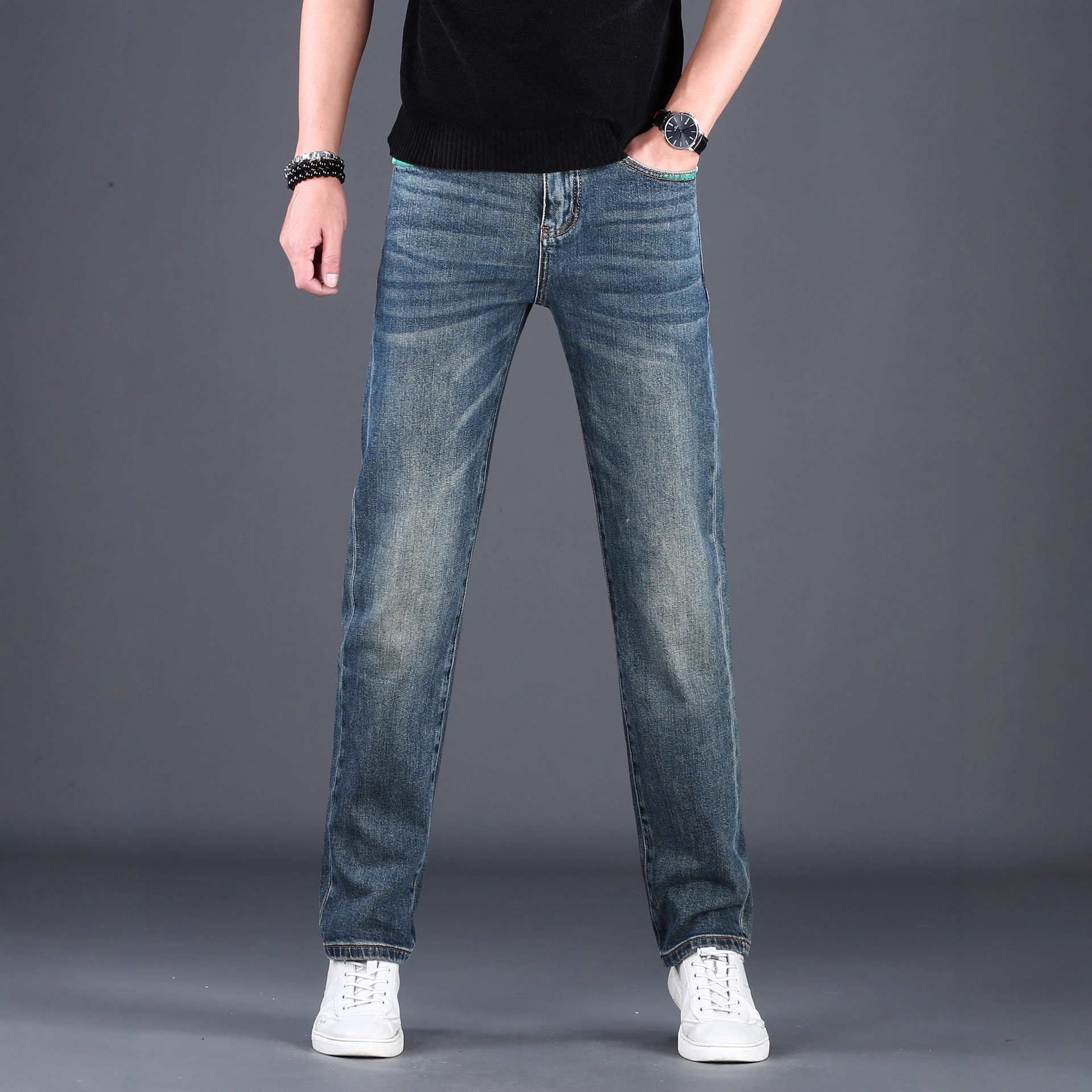 高端潮牌男修身小直筒牛仔裤