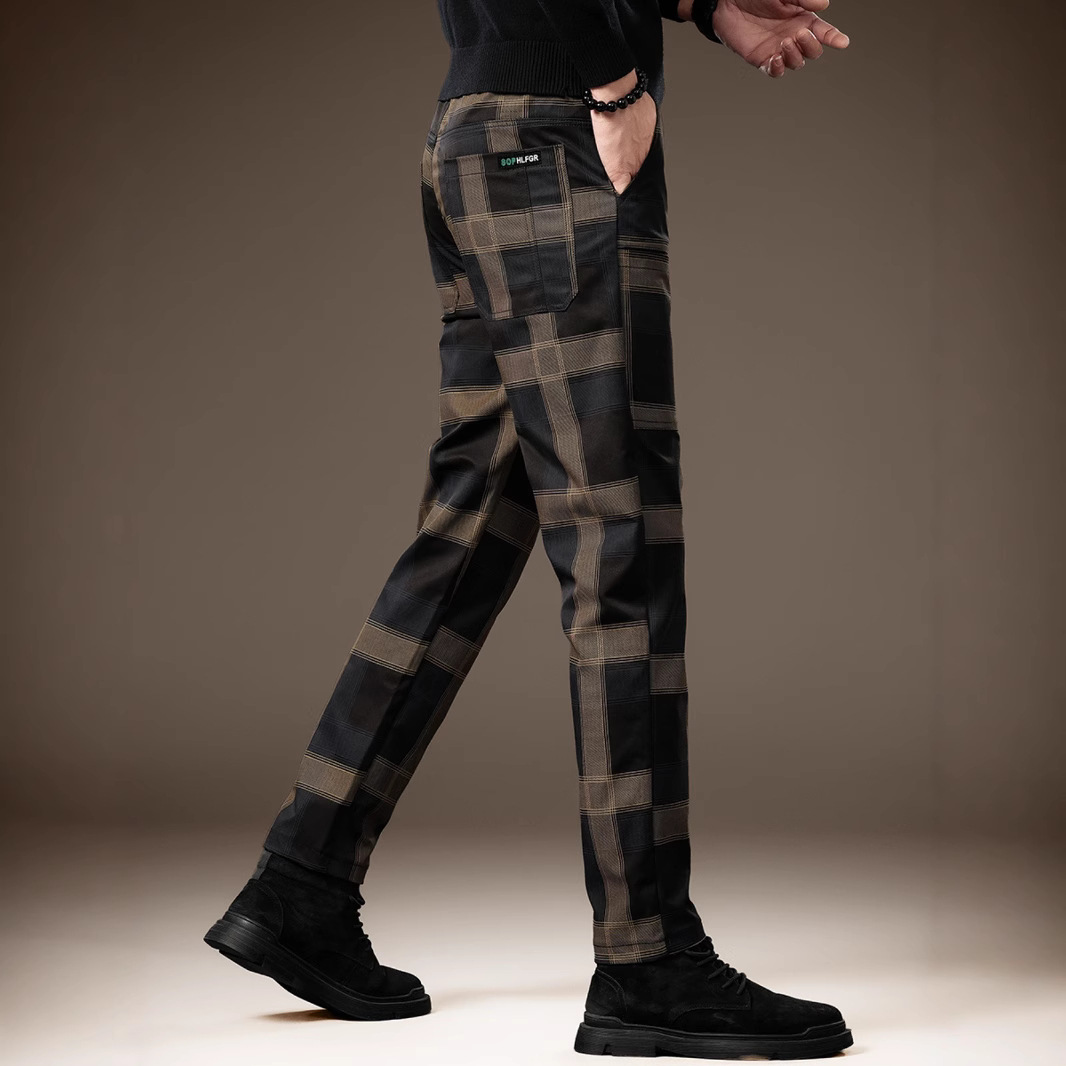 高端韩版格子休闲裤男加绒加厚秋冬新款裤子男商务修身直筒长裤男