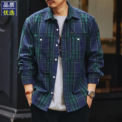 高端美式轻熟英伦格子衬衫男士春秋宽松破洞长袖衬衣外套男