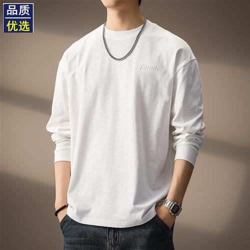 高端日系简约刺绣宽松长袖体恤男士亲肤潮牌纯棉舒适透气内搭T恤