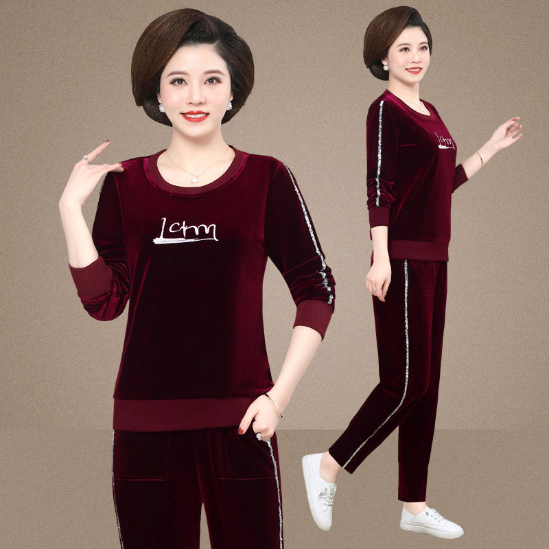 中老年妈妈运动套装2023新款女春季洋气圆领金丝绒卫衣休闲两件套