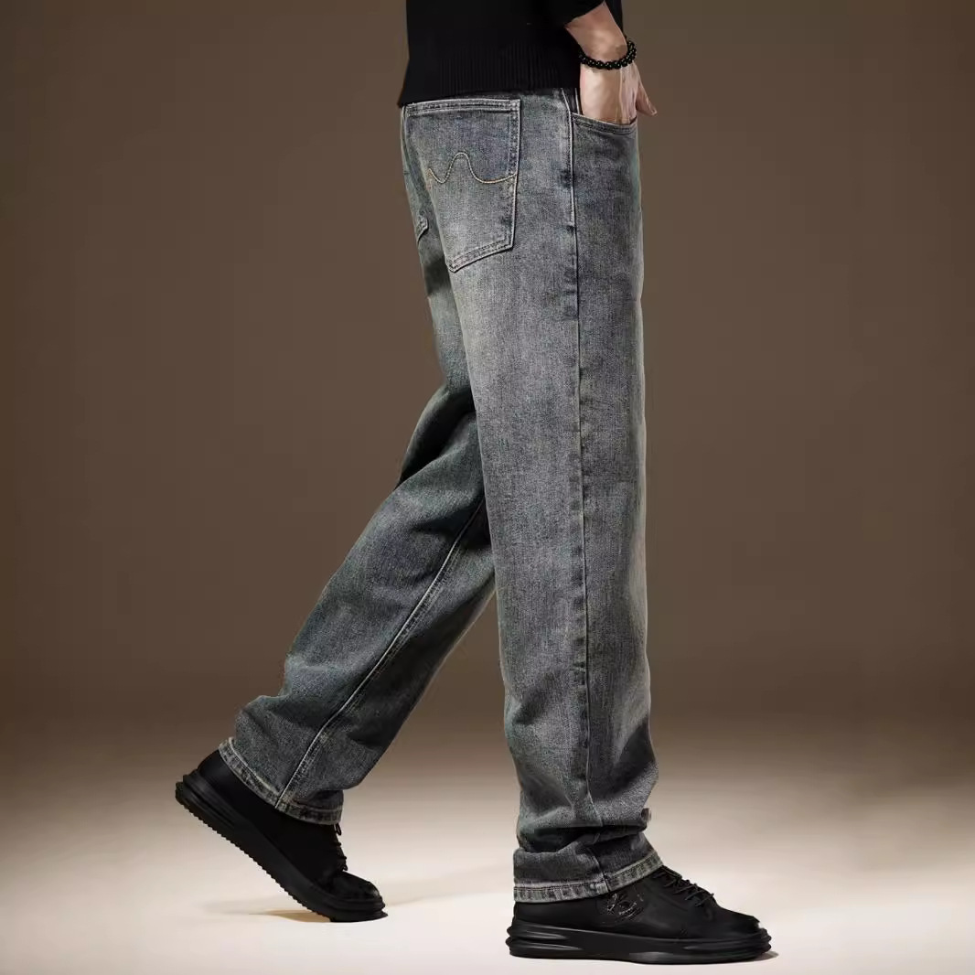 美式复古加绒直筒男牛仔裤
