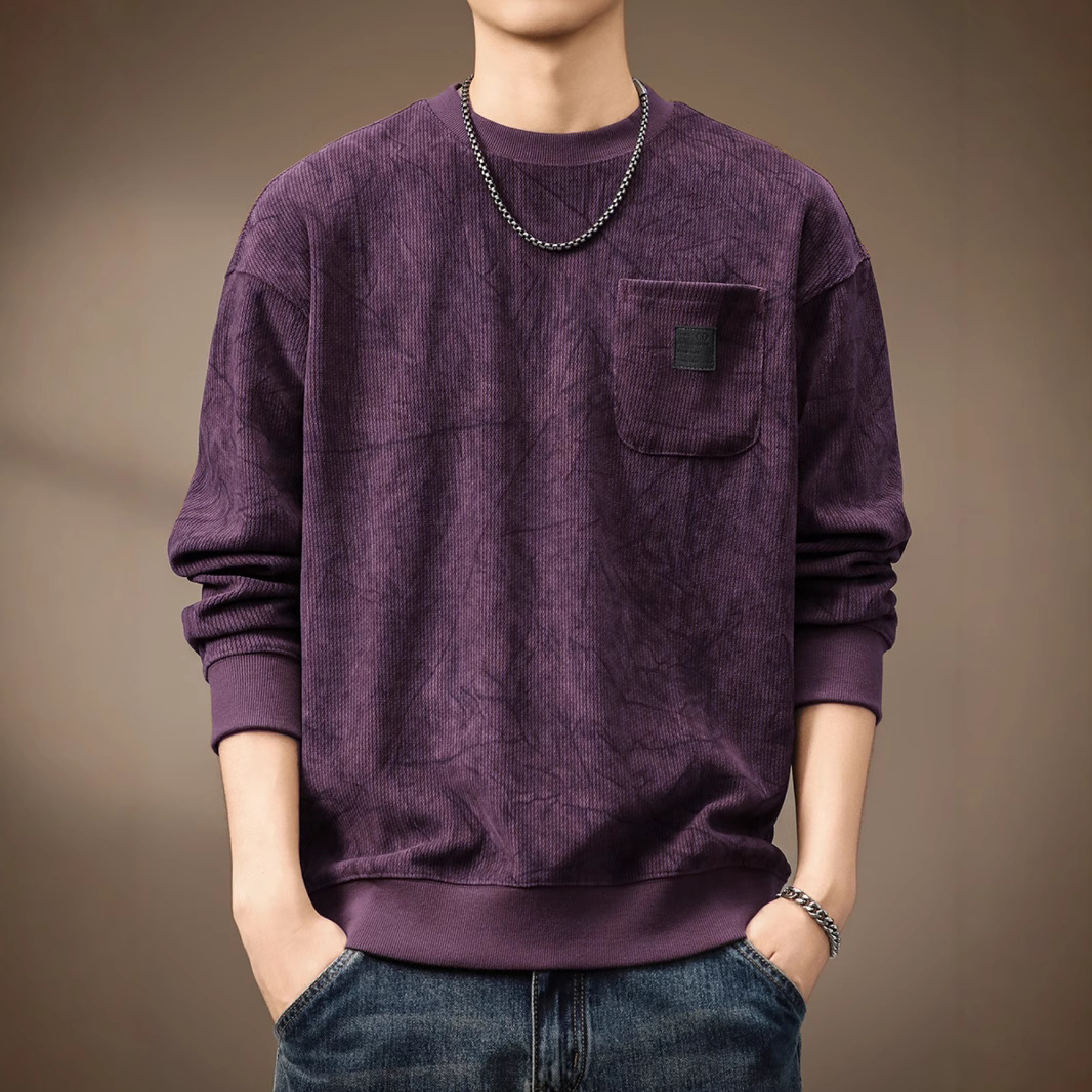 高端重磅德澳绒保暖圆领卫衣男秋冬加绒印花宽松长袖紫色打底衫男