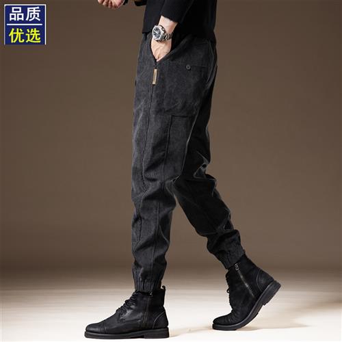 高端软糯玉米格灯芯绒裤子男潮牌秋冬加绒复古宽松休闲工装长裤男