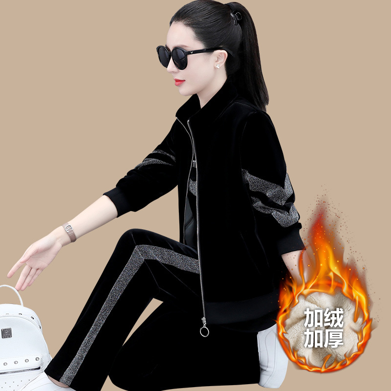 金丝绒运动服套装女秋冬季2022新款时尚女士加绒加厚休闲三件套冬