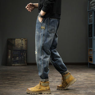 休闲老爹裤 秋冬潮牌美式 直筒哈伦裤 男宽松大码 水洗做旧破洞牛仔裤