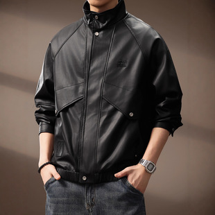 潮流多口袋宽松工装 高端美式 新款 秋季 外套 痞帅立领PU皮衣夹克男士