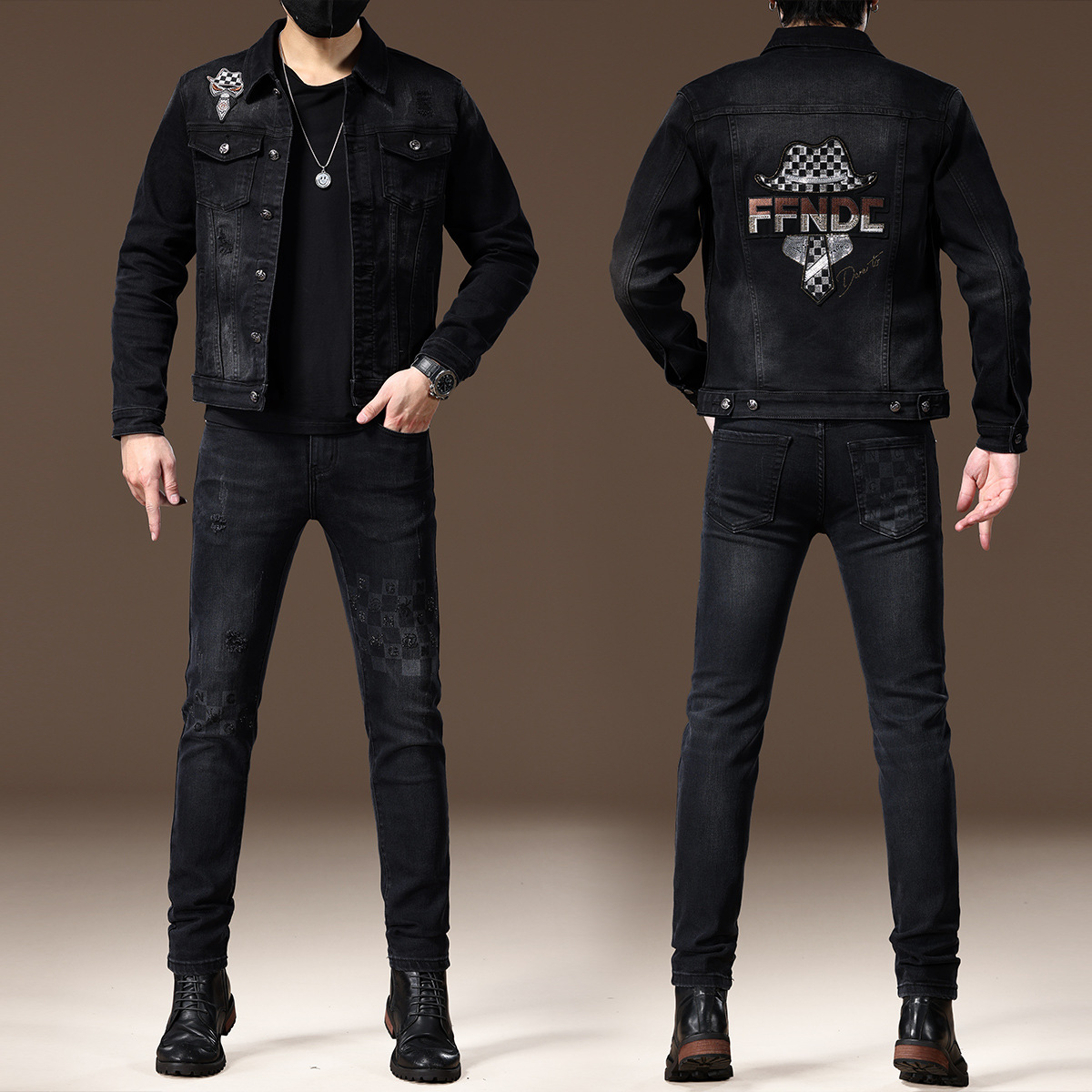 高端烫钻刺绣牛仔男套装