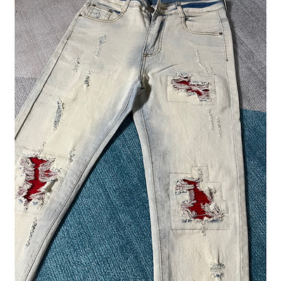 高街美式牛仔裤潮破洞补丁假两件韩版修身直筒小脚男士痞帅长裤子