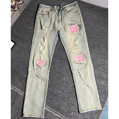 美式高街破洞贴布牛仔长裤子假两件补丁休闲百搭男女同款直筒小脚