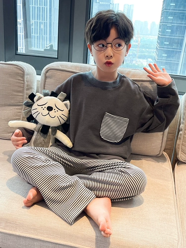 Демисезонная хлопковая пижама для мальчиков, детский бархатный лонгслив, осенняя, подходит для подростков