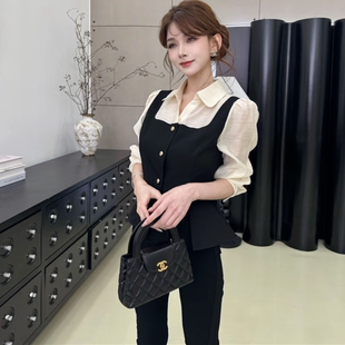 卡卡情有独钟黑白拼接假两件撞色上衣高级衬衫通勤穿搭气质显瘦