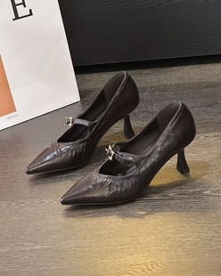 2025新款真皮尖头褶皱蝴蝶结高跟鞋浅口性感气质仙女单鞋女