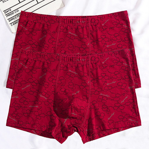 新款酒红色中腰大码印花平角裤