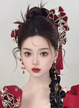 2024新款新娘敬酒服头饰秀禾红色